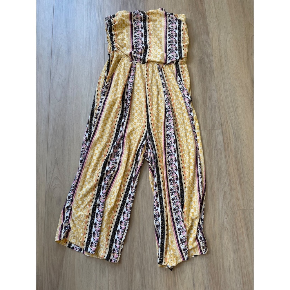 J for Justify Yellow Floral Striped Strapless Wide Leg Jumpsuit Large Boho
